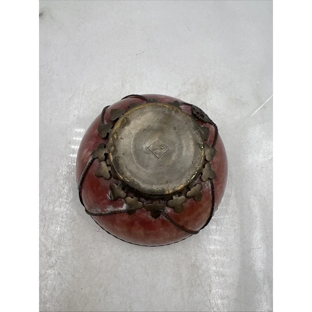 Antique Chinese Pink Crystal Soapstone Dragon & Phoenix Brass Bowl Home Decor
